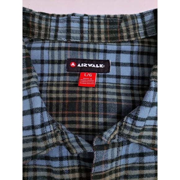 Airwalk Men's Large Plaid Button Flannel Shirt Blue Green Black Check Pockets - Picture 3 of 8
